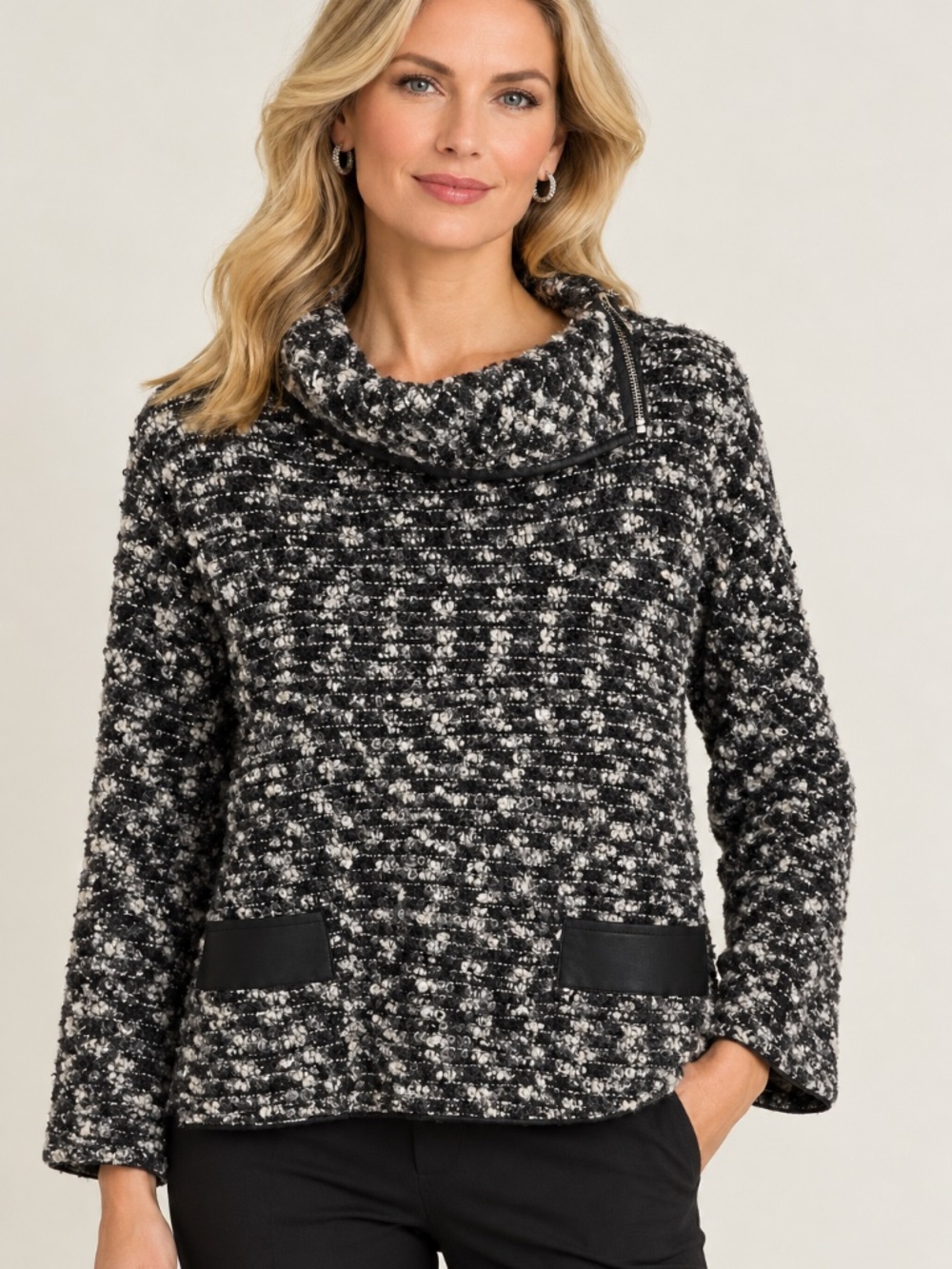 Georges Rech Paris Wool Mohair Asymmetric Zip Tweed Sweater Jacket Pocket Trim
